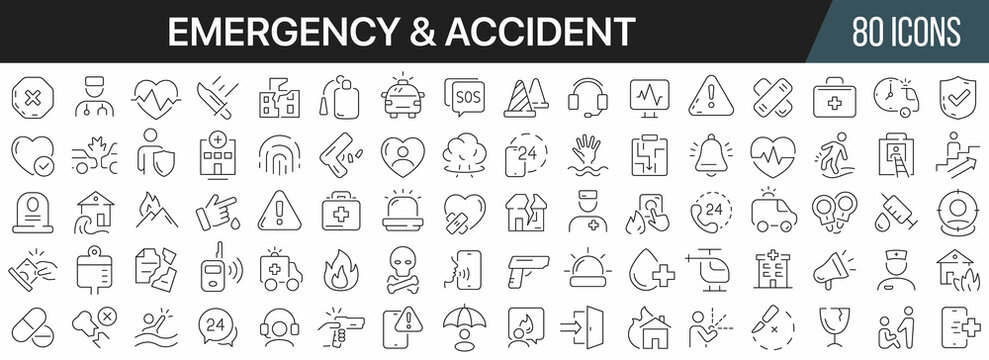 Accident and emergency line icons collection. Big UI icon set in a flat design. Thin outline icons pack. Vector illustration EPS10