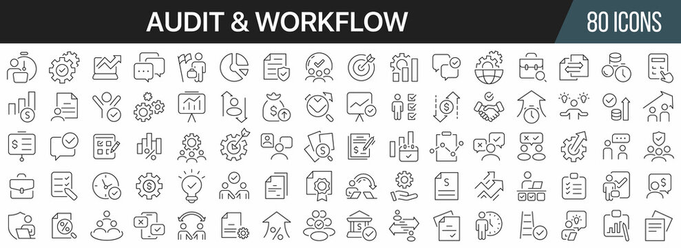 Audit and workflow line icons collection. Big UI icon set in a flat design. Thin outline icons pack. Vector illustration EPS10