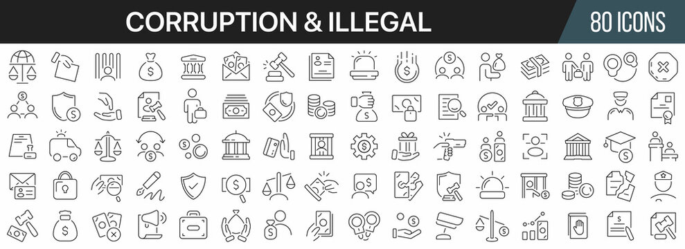 Corruption and illegal line icons collection. Big UI icon set in a flat design. Thin outline icons pack. Vector illustration EPS10