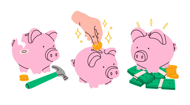 Piggy bank set. Piggy on a stack of money, hand putting coin into piggy bank, broken pig. Earning money, savings, investment, business advertising concept. Hand drawn isolated Vector illustration