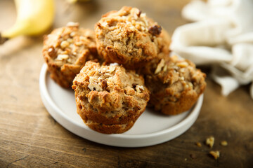 Healthy homemade banana muffins with nuts