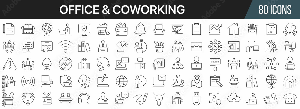 Aufkleber office and coworking line icons collection. big ui icon set in a flat design. thin outline icons pac
