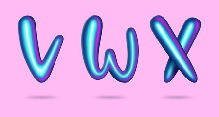 3d holographic lettering. Iridescent gradient letters V W X. Typographic minimalistic element. Golden font rainbow color. Vibrant gradient shape abc. Liquid neon color alphabet. Vector illustration