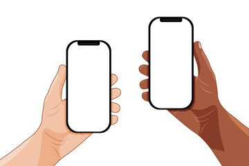 Vector hands holding a mobile phone.  African-American and European. Blank screen . Vector black phone.  Online shopping, business, education. The image is isolated on a white background.