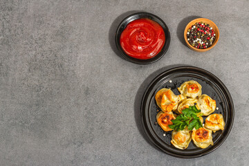 Deep-fried dumplings with tomato sauce and pepper mix. Vegan food, modern hard light, dark shadow