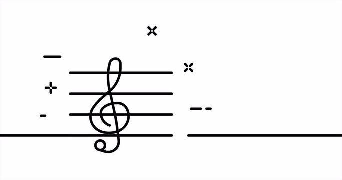Treble clef. Hobby, stave, musical instrument, play the piano, guitar, entertainment, note, write music. Music concept. One line drawing animation. Motion design. Animated technology logo. Video 4K