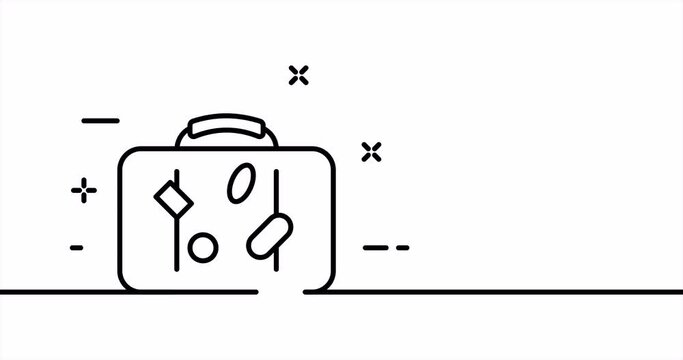 Suitcase with stickers. Traveler, journey, vacations, summer, have a rest, entertainment. Travel concept. One line drawing animation. Motion design. Animated technology logo. Video 4K