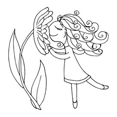 Vector illustration cute fairy girl Thumbelina in a floral doodle flowers. Coloring book page.
