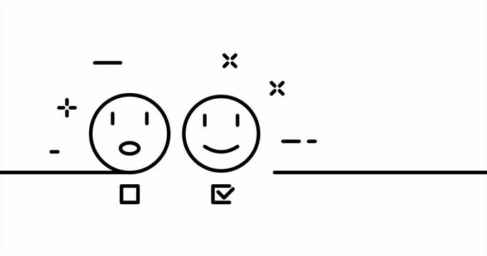 Smiling and surprised emoticons with check boxes. Check marks, review, rate, rating, comment. Feedback concept. One line drawing animation. Motion design. Animated technology logo. Video 4K
