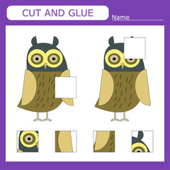 worksheet vector design, the task is to cut and glue a piece on  owl.  Logic game for children.
