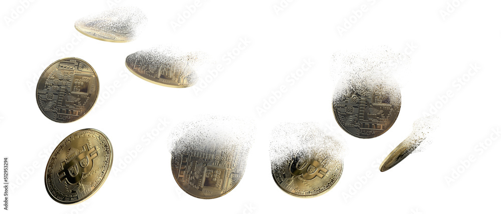 Poster bitcoin cryptocurrency dispersion isolated on white background. bitcoin destruction. cryptocurrency 