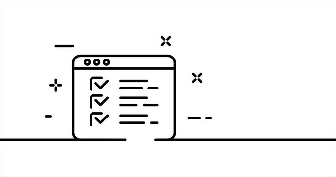 Web site window with checklist. Internet, check box, mark, to do, planning, broeser, online, test. Business concept. One line drawing animation. Motion design. Animated technology logo. Video 4K