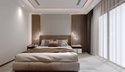 Interior design modern bedroom,daylight from window. 3D illustration