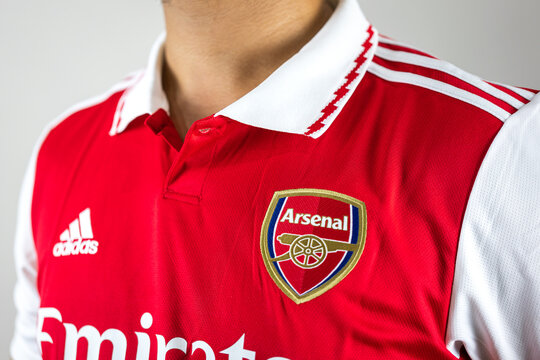 Thailand, June 2022 - Adidas launch the new home kit jersey of Arsenal football club for new season 2022-2023. Sport object photo with selective focus on detail.
