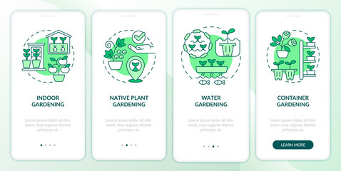 Gardening types green onboarding mobile app screen. Planting walkthrough 4 steps editable graphic instructions with linear concepts. UI, UX, GUI template. Myriad Pro-Bold, Regular fonts used