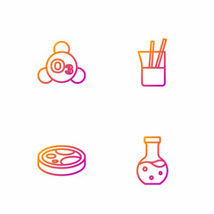 Set line Test tube, Petri dish with bacteria, Ozone and Laboratory glassware. Gradient color icons. Vector
