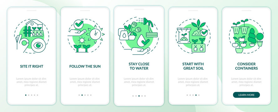 Gardening tips green onboarding mobile app screen. Successful planting walkthrough 5 steps editable graphic instructions with linear concepts. UI, UX, GUI template. Myriad Pro-Bold, Regular fonts used