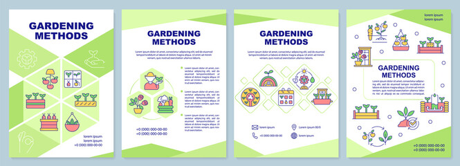 Gardening methods green brochure template. Planting innovation. Leaflet design with linear icons. Editable 4 vector layouts for presentation, annual reports. Arial-Black, Myriad Pro-Regular fonts used