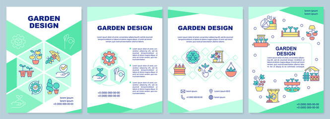 Garden design green brochure template. Floral decoration. Leaflet design with linear icons. Editable 4 vector layouts for presentation, annual reports. Arial-Black, Myriad Pro-Regular fonts used