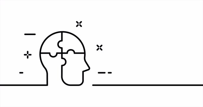 Head with puzzle. Treat, help, psychologist, psychotherapist, mental health, disorder. Psychotherapy concept. One line drawing animation. Motion design. Animated technology logo. Video 4K