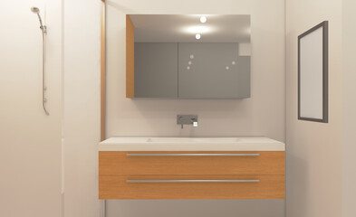 Spacious bathroom in gray tones with heated floors, freestanding tub. 3D rendering.. Mockup.   Empty paintings
