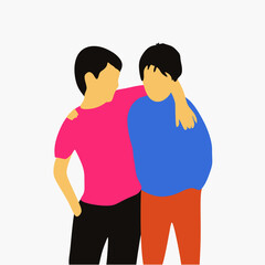 Concept of male friendship. Two guys hug. Vector illustration in a flat style