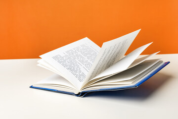 Open book on a white table against color background.