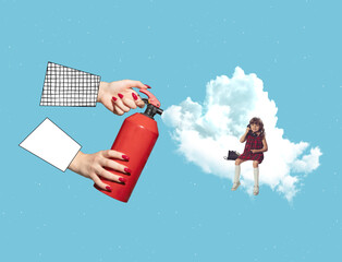 Contemporary art collage. Conceptual image. Woman's hand with fire extinguisher making clouds for little girl, child playing - obrazy, fototapety, plakaty