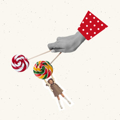 Contemporary art collage. Conceptual image with female hand holding two big candies for happy...