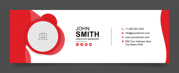creative Business email signature with an author photo place modern and minimal layout, red shape and white background design