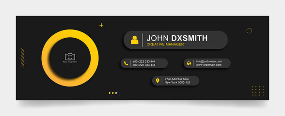 creative Business email signature with an author photo place modern and minimal layout, black background and yellow color design