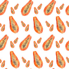 Fruit endless design for fabric, wrap paper or wallpaper. Papaya painted with watercolour isolated on a white background. Food seamless pattern.
