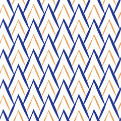 Triangular upward scale pattern seamless vector background.Painterly irregular width brush strokes blue yellow on white backdrop.Overlapping diamond shapes. Geometric scales lattice repeat.