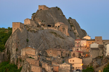 the historic center of Sperlinga with its castle carved into the rock in Central Sicily