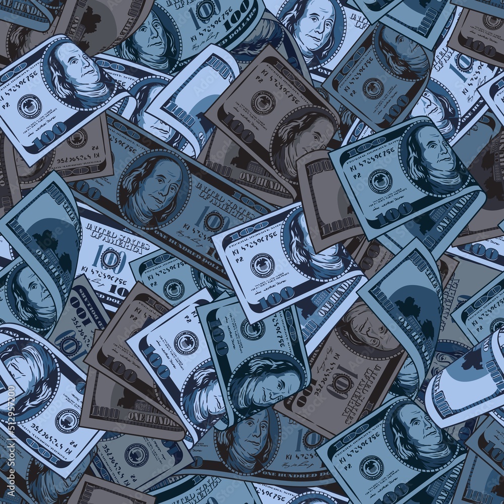 Poster blue camouflage pattern with 100 dollar banknote. dense composition with overlapping elements. good 