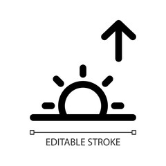 Sunrise white linear ui icon. Sun appearing prediction. Daytime and sunshine. GUI, UX design. Outline isolated user interface element for app and web. Editable stroke. Arial font used