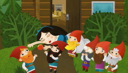 cartoon scene with dwarfs and princess near house © honeyflavour