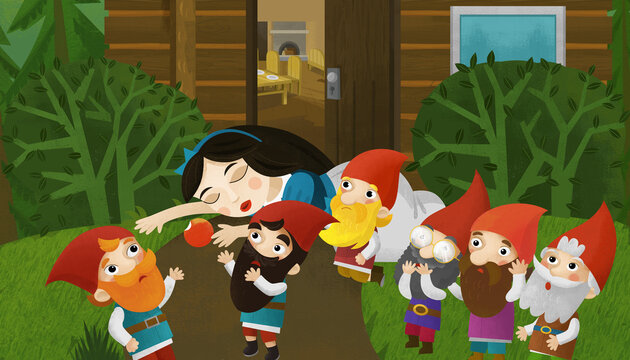 cartoon scene with dwarfs and princess near house
