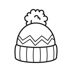Hat with pompom. Coloring. Black and white vector illustration.