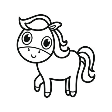 Cute baby horse. Coloring. Black and white vector illustration.