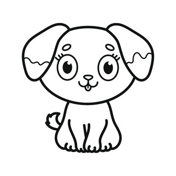Cute little puppy with spots on his ears. Coloring. Black and white vector illustration.
