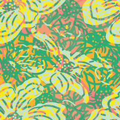 Fototapeta na wymiar Abstract rainforest wildflower blossom seamless vector texture background. Green orange yellow blended flowers backdrop. Tropical color botanical design. Modern repeat for web, gifting, packaging