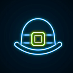 Glowing neon line Leprechaun hat icon isolated on black background. Happy Saint Patricks day. National Irish holiday. Colorful outline concept. Vector