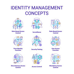 Identity management concept icons set. Electronic access control idea thin line color illustrations. Security testing. Isolated symbols. Editable stroke. Roboto-Medium, Myriad Pro-Bold fonts used
