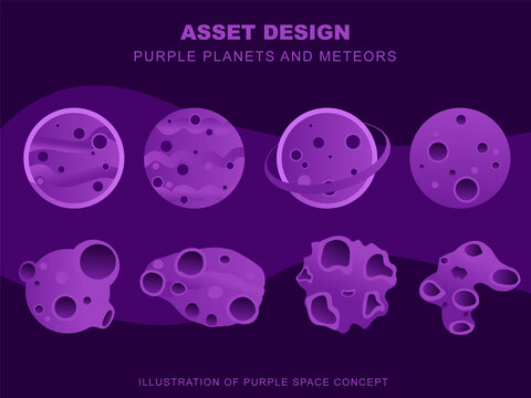 Purple planet and meteor illustration assets. Purple background concept in space with purple meteors and planets. Purple planet icon collection for your website design, kids t-shirt, logo design  etc.