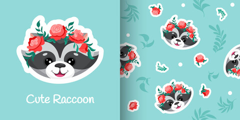 Pattern with raccoon and flower wreath crown, cute animal with hand drawn floral background. Vector cartoon illustration © Foxelle