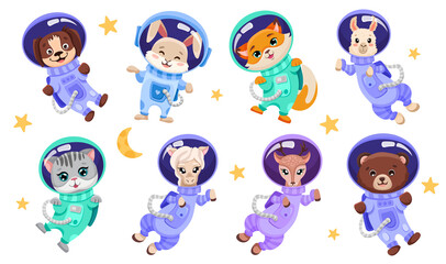 Animals astronauts in suits. Space team with different cute animals dog rabbit fox alpaca cat horse deer and bear for children print design. Vector Cartoon illustration for kids