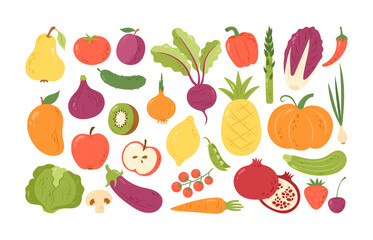 Vector set of hand drawn colorful doodle fruits and vegetables. Healthy lifestyle concept in cartoon sketch style. Icons with apple, pear, onion, lemon, cucumber, tomato, pineapple, strawberry, beet.
