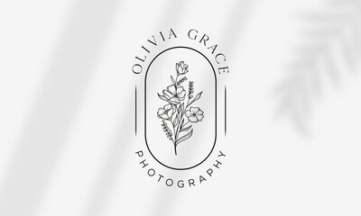 Fototapeta premium Botanical Floral element Hand Drawn Logo with Wild Flower and Leaves. Logo for spa and beauty salon, boutique, organic shop, wedding, floral designer, interior, photography, cosmetic.