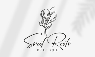 Botanical Floral element Hand Drawn Logo with Wild Flower and Leaves. Logo for spa and beauty salon, boutique, organic shop, wedding, floral designer, interior, photography, cosmetic.